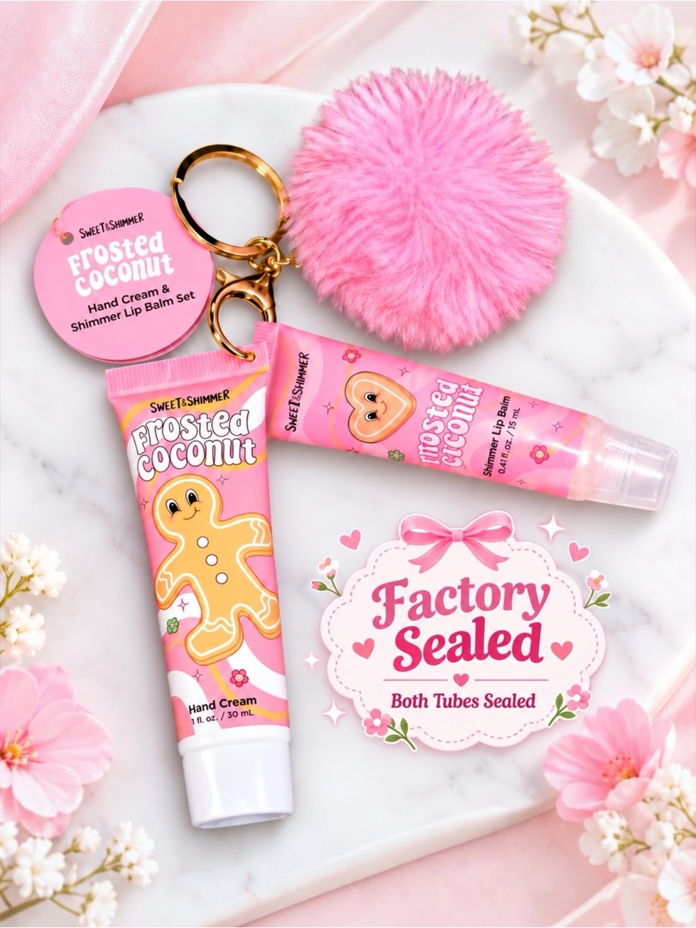 5/$25 Sweet & Shimmer Frosted Coconut Hand Cream Lip Balm Pom Pom Keychain Set